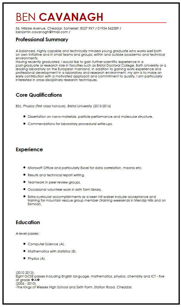 Cv Sample For Graduate School - CV Example for Graduate ...