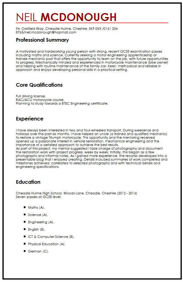 Cv Example For High School Students Myperfectcv