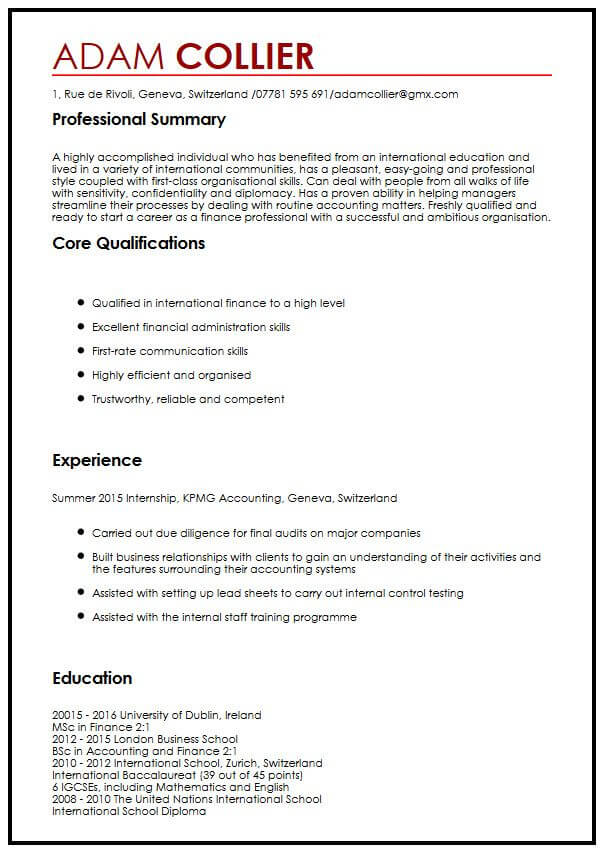 cv example for international students