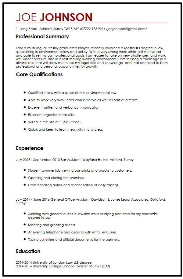 cv example for law students