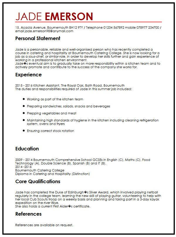 cv personal statement examples catering