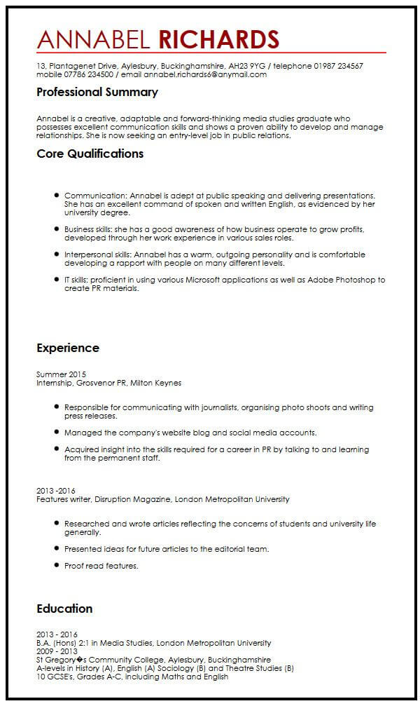 cv example for university students