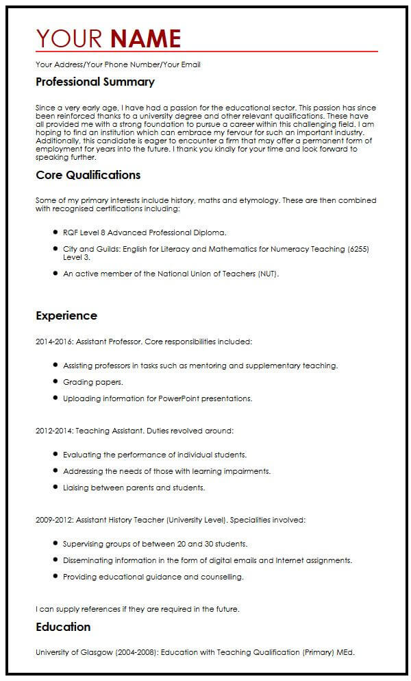 Cv Example With Interests Myperfectcv
