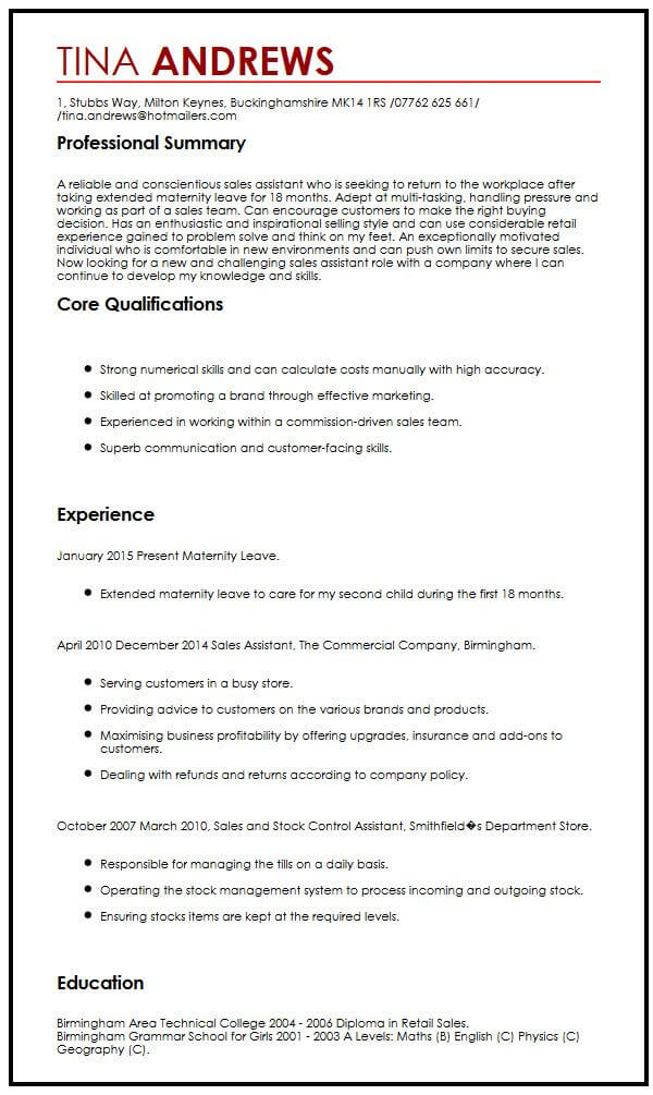 Cv Example With Maternity Leave Myperfectcv