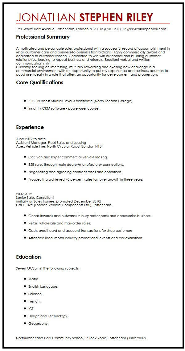 CV Sample for a Summer Job - MyPerfectCV