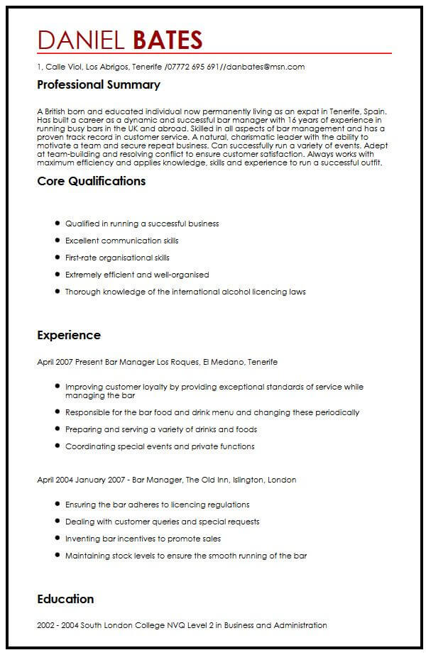 cv sample for expats