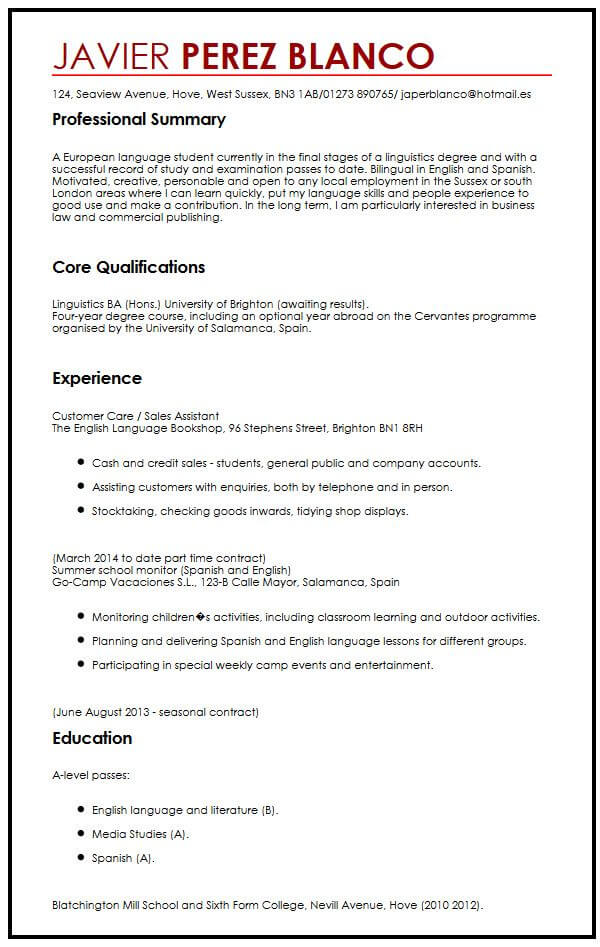 curriculum vitae examples for students research paper