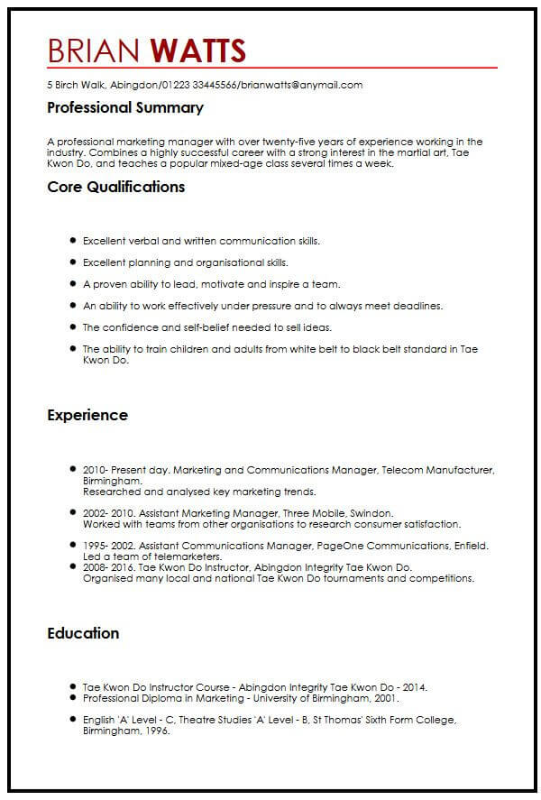 cv sample with interests