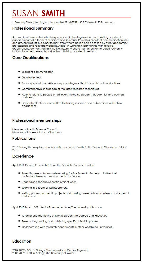 curriculum vitae format for research paper