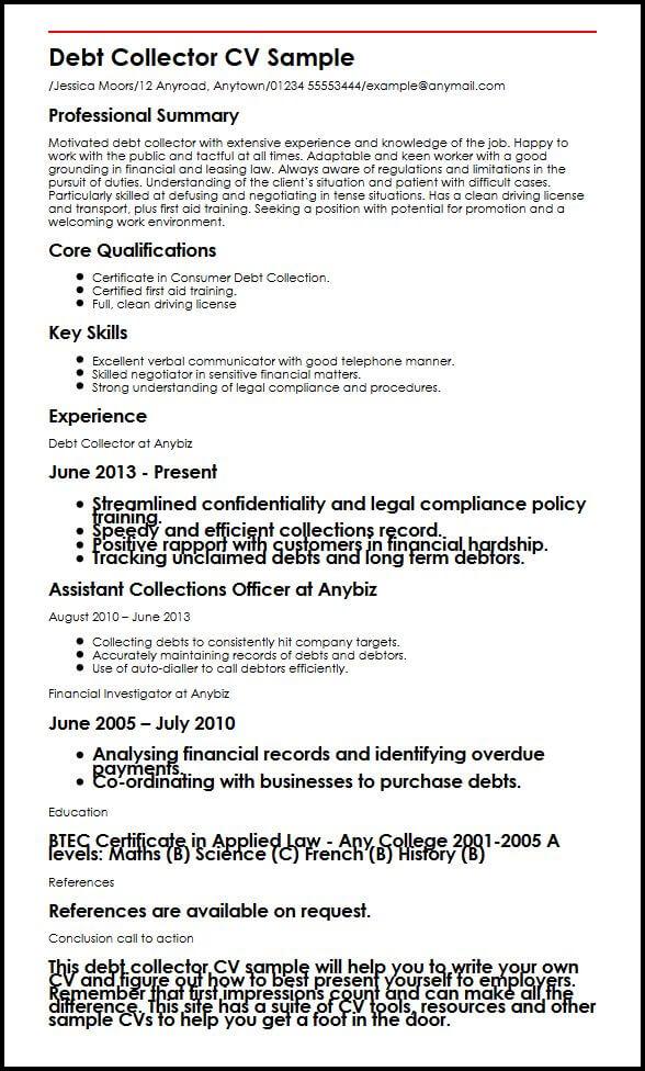 debt collector cv sample