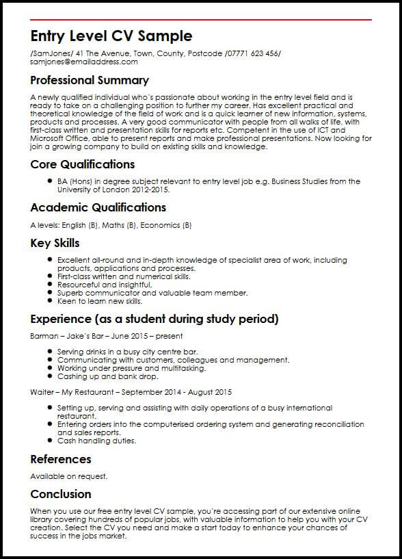 entry level cv personal statement examples