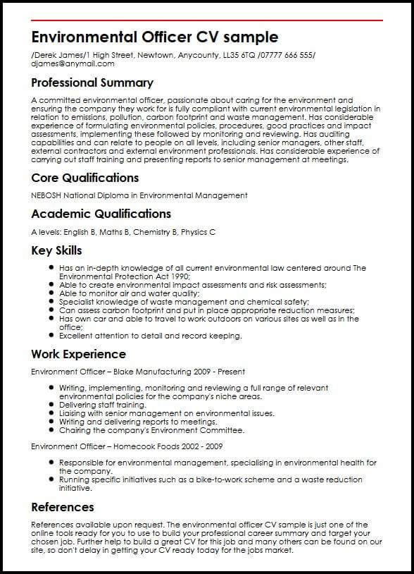 Environmental Officer CV sample MyperfectCV Environmental Officer CV sample MyperfectCV