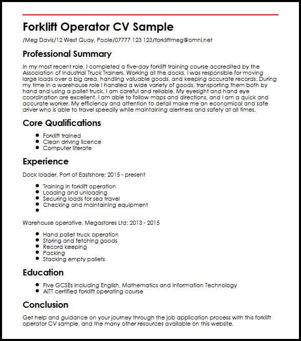 forklift operator cv sample myperfectcv how to put forklift certification on resume
