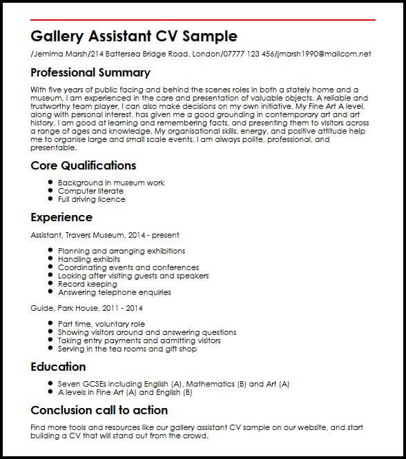 gallery assistant cv sample