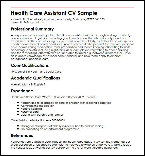 health care assistant cv sample
