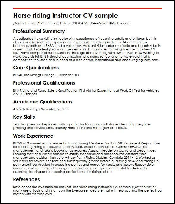 horse riding instructor cv sample myperfectcv