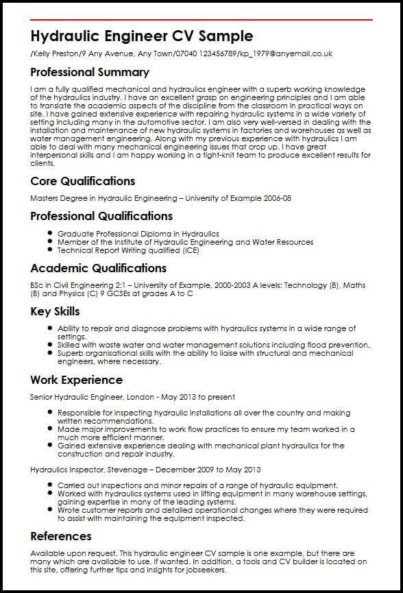 Hydraulic Engineer CV Sample MyperfectCV