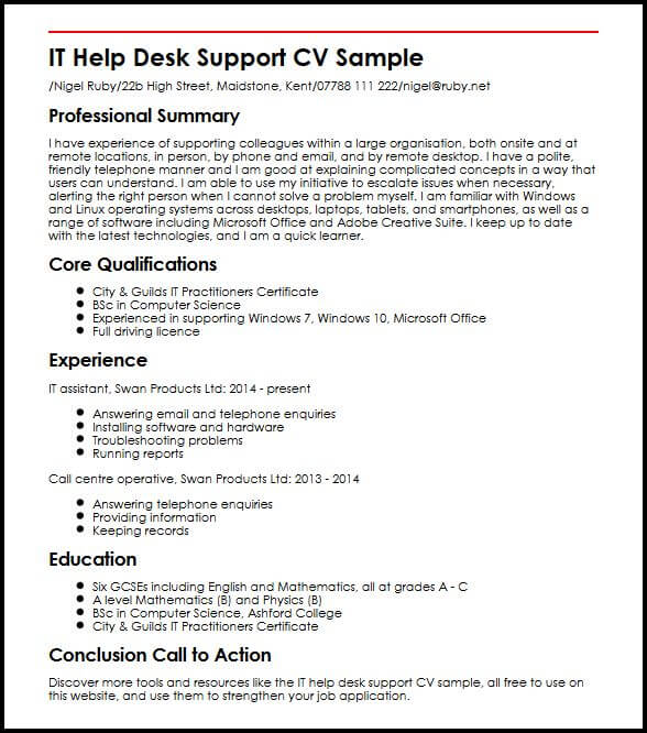 it help desk support cv sample