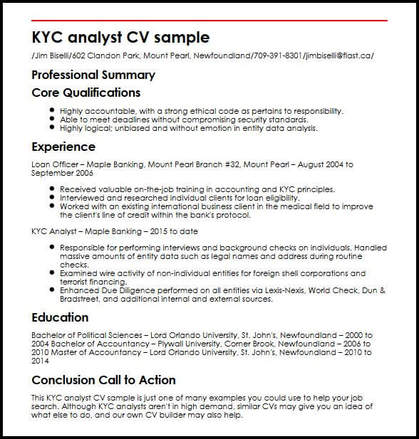 kyc analyst cv sample