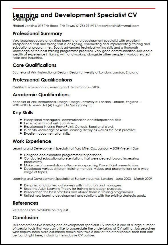 learning and development specialist cv sample myperfectcv special skills and qualifications for a job examples