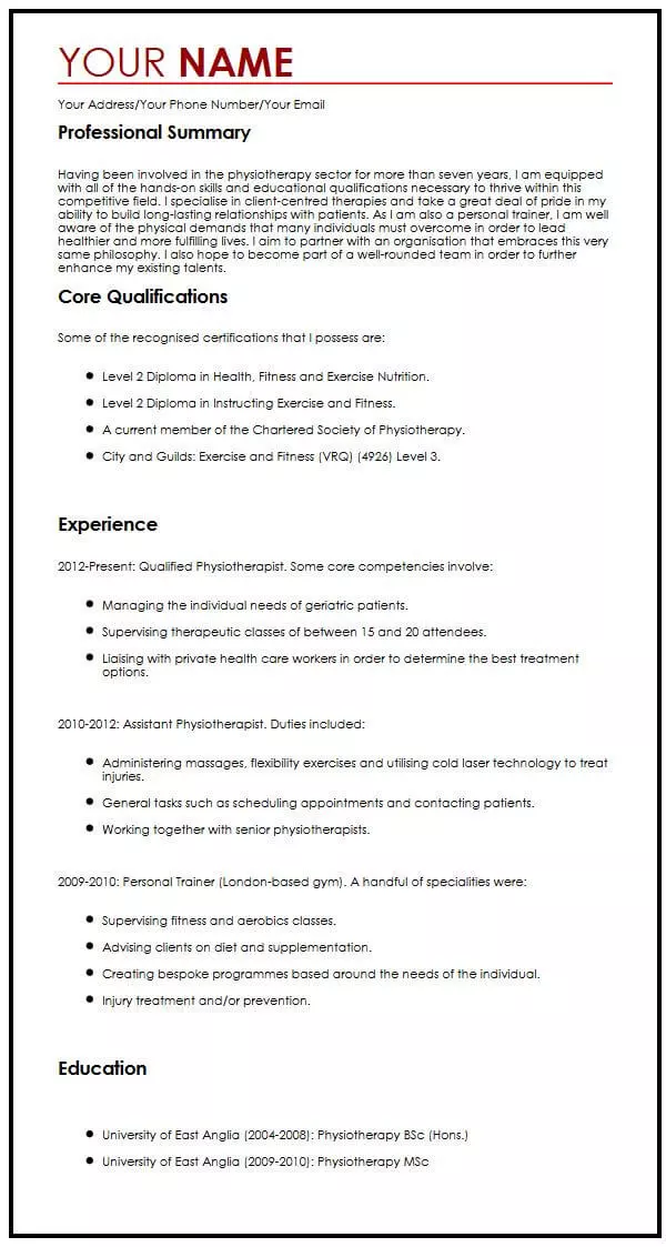 modern cv sample myperfectcv resume of physiotherapist