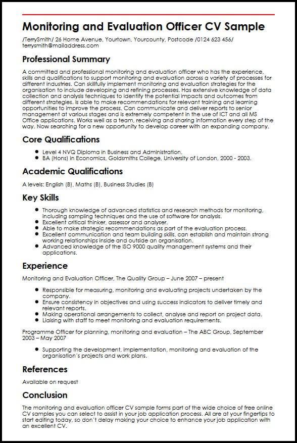 monitoring and evaluation officer cv sample