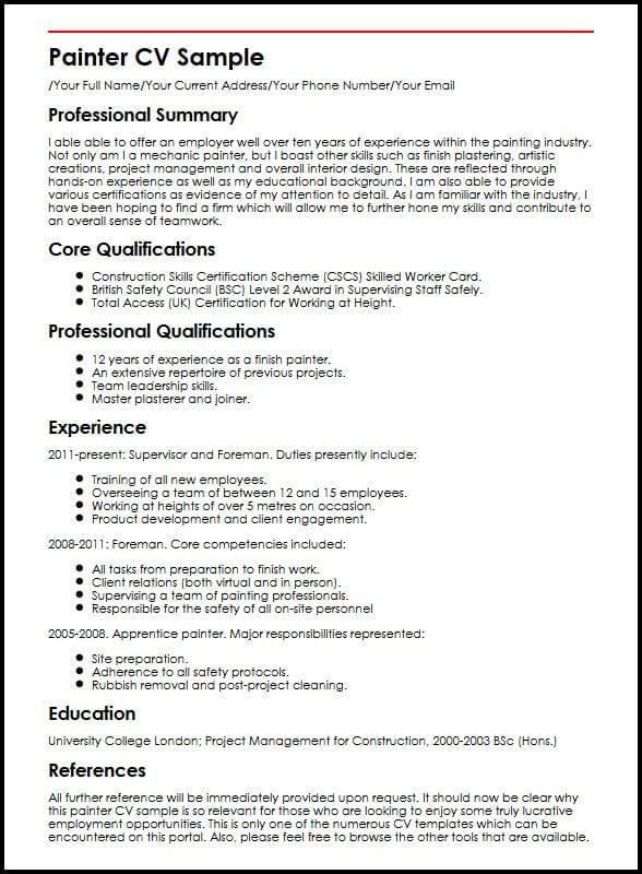 Painter CV Sample MyperfectCV painter-cv-sample-myperfectcv