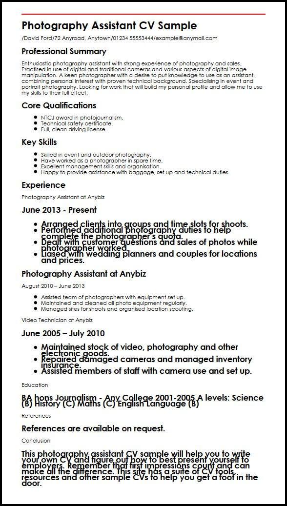 photography assistant cv sample