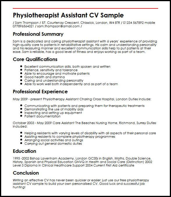 physiotherapist assistant cv sample