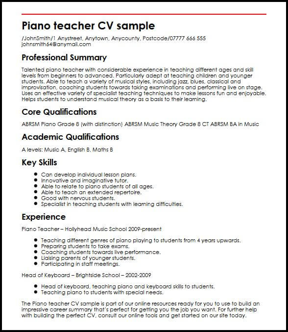 piano teacher cv sample myperfectcv