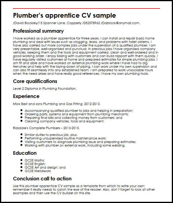 98  plumbing apprentice resume