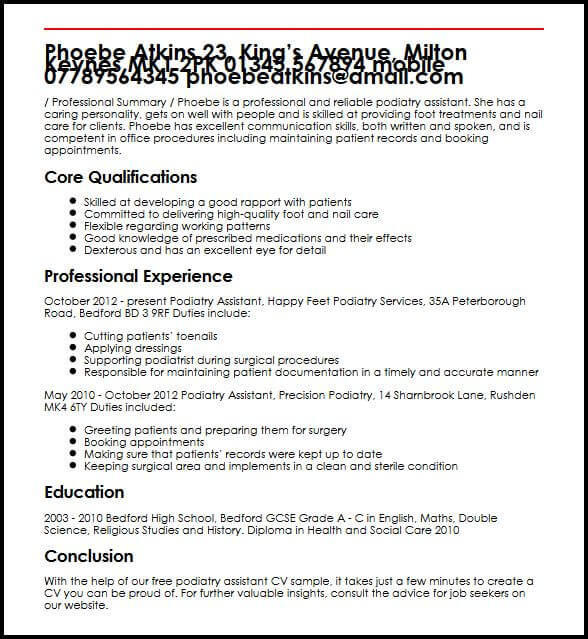 Podiatry Assistant CV Sample MyperfectCV
