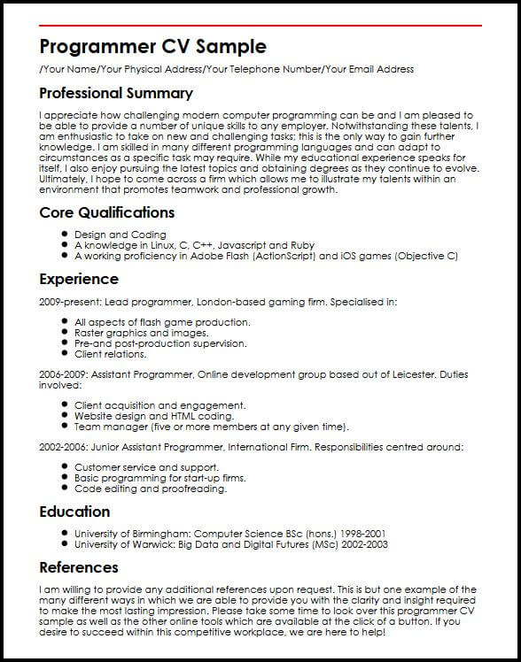 programmer cv sample curriculum builder computer science cv