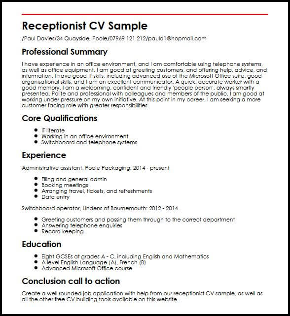 receptionist cv sample