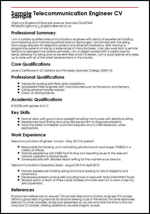 Sample Telecommunication Engineer CV Sample  MyperfectCV