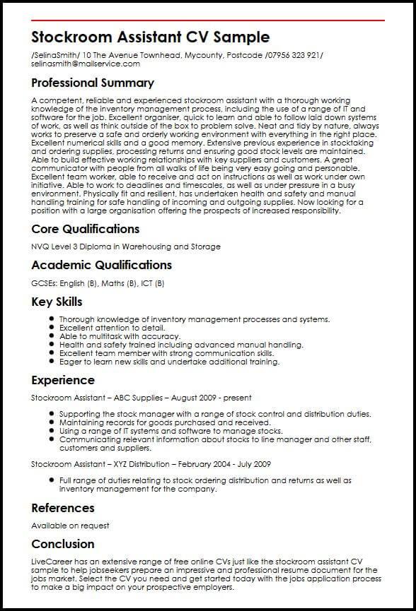 stockroom assistant cv sample myperfectcv key skills to put on cv