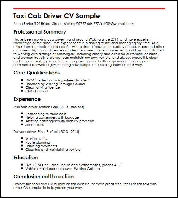 taxi cab driver cv sample