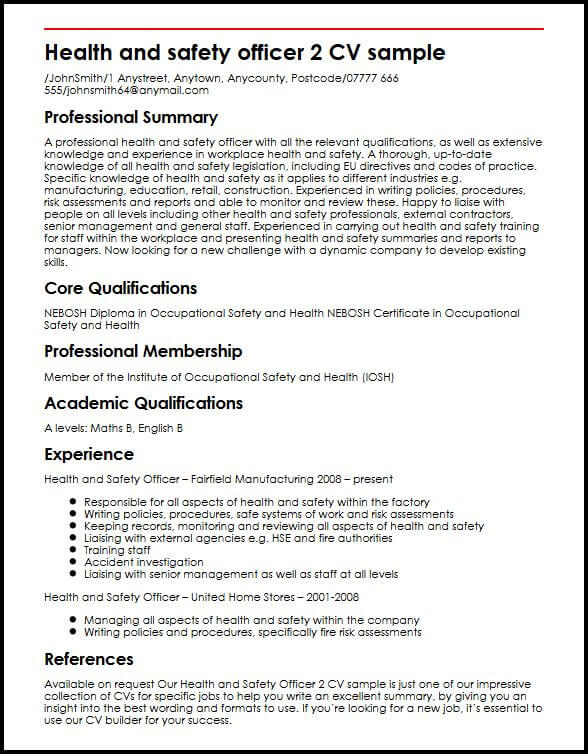 cv personal statement health and safety