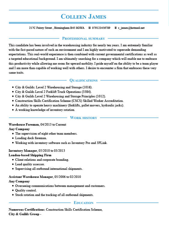 cv examples cv samples myperfectcv warehouse worker cv