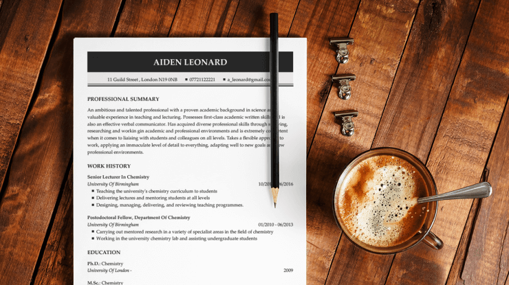cv example with a coffee and a pencil