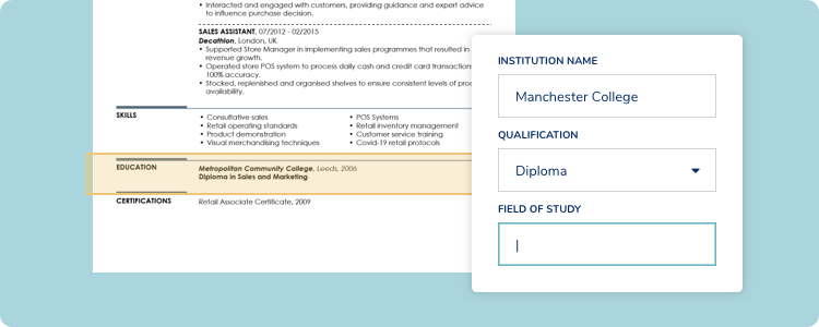 fill out your education section in the CV creator