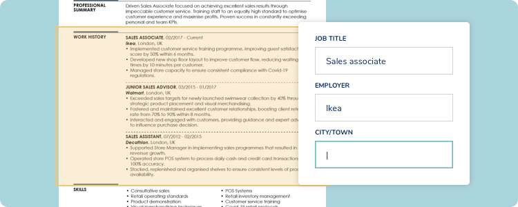 enter your work history in the CV maker