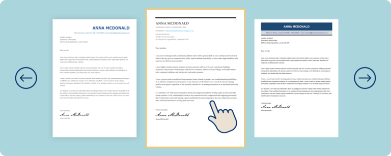 Hand pointing at cover letters with a signature