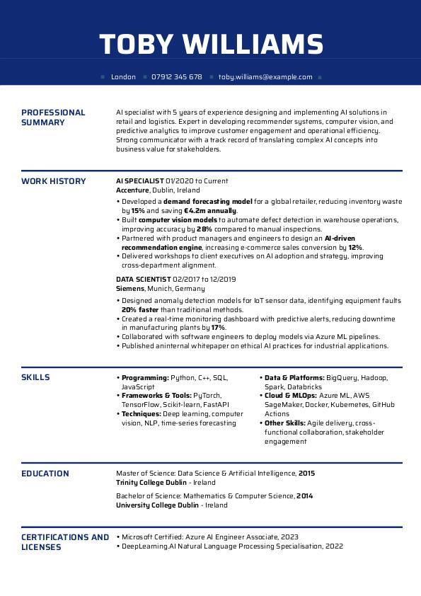 Cv Recommendations Examples AI Specialist Resume Examples & CV Templates | myPerfectCV