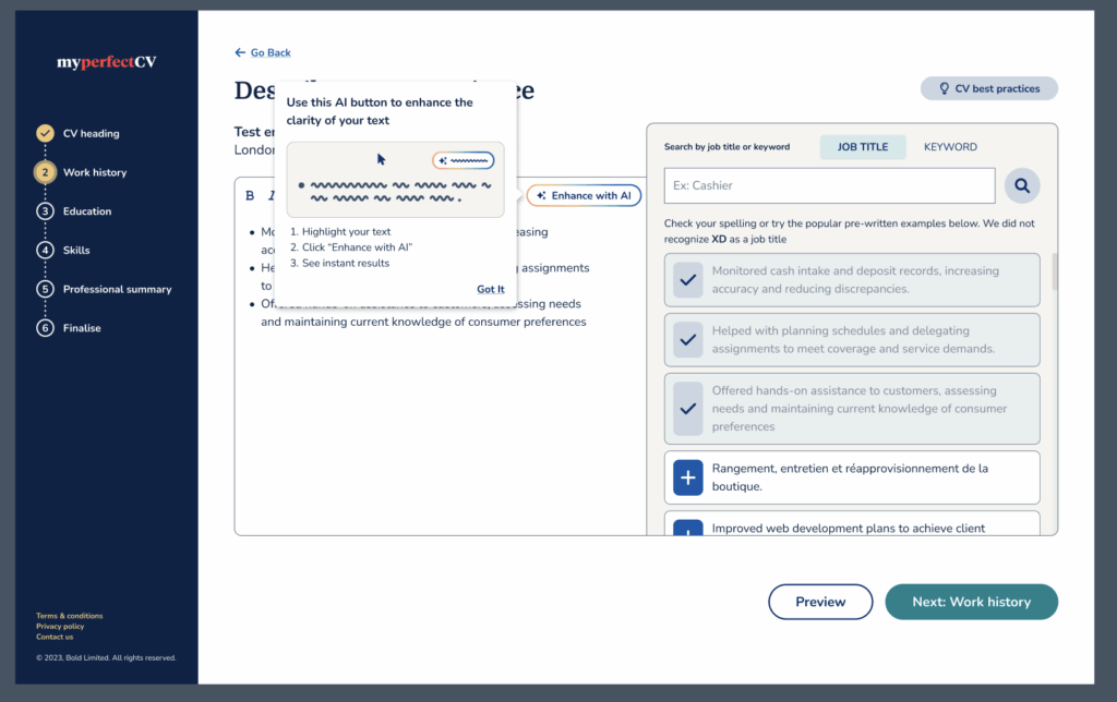 MyPerfectCV AI suggestions implementation