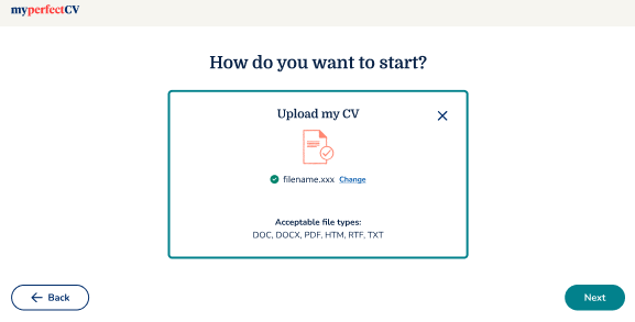 My Perfect CV upload CV screen