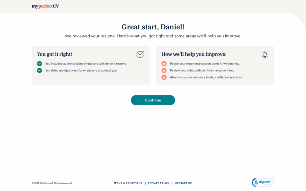 MyPerfectCV upload CV content feedback