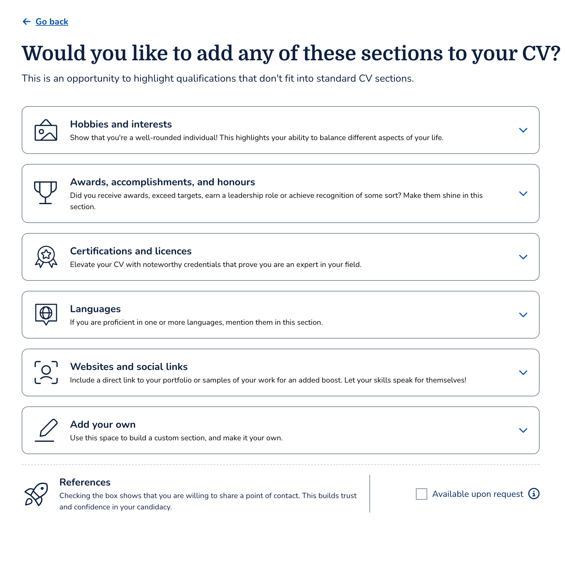 MyPerfectCV Additional sections